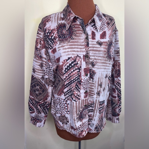 Chico’s Brown Print Ultrasuede Button Front Blouse Size 2 (Large) - Picture 1 of 7